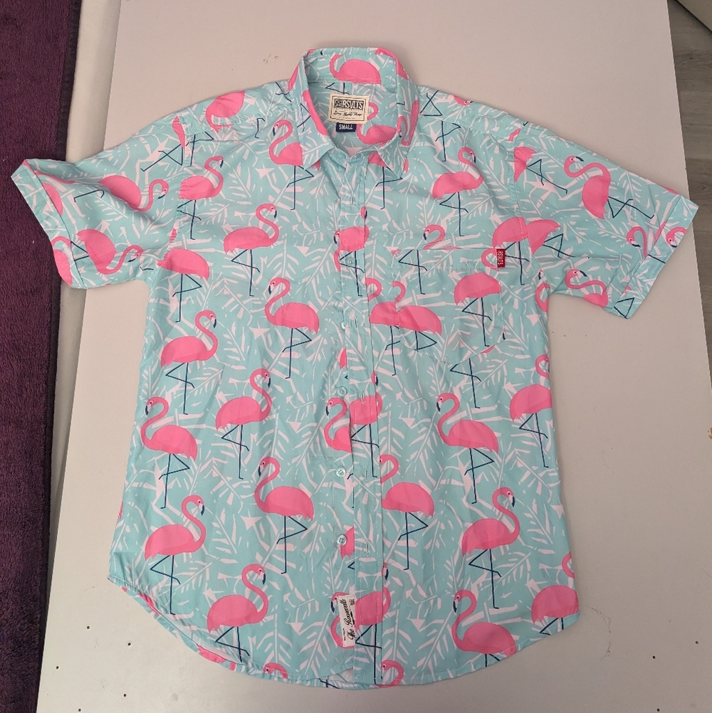 RSVLTS Flamingo Pattern Shirt - Aqua and Pink